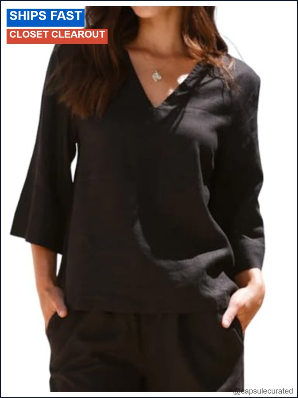 Women's Linen Tunic Blouse V Neck 3/4 Sleeve
